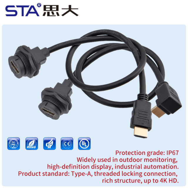 HDMI Bayonet Waterproof Back Panel Mount Receptacle to HDMI Male Cable IP67