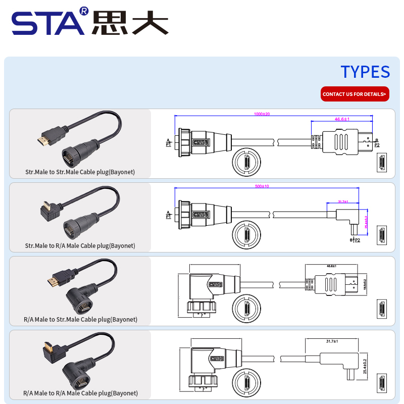 HDMI Bayonet Waterproof Connector Overmolded Plug Cable IP67