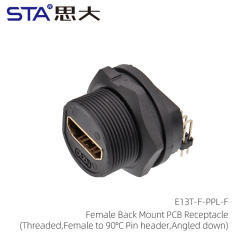 HDMI Female Back Mount PCB Receptacle – Female to 90° angled pin header (downward)