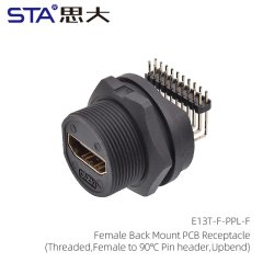 HDMI Female Back Mount PCB Receptacle – Female to 90° angled pin header (upward)
