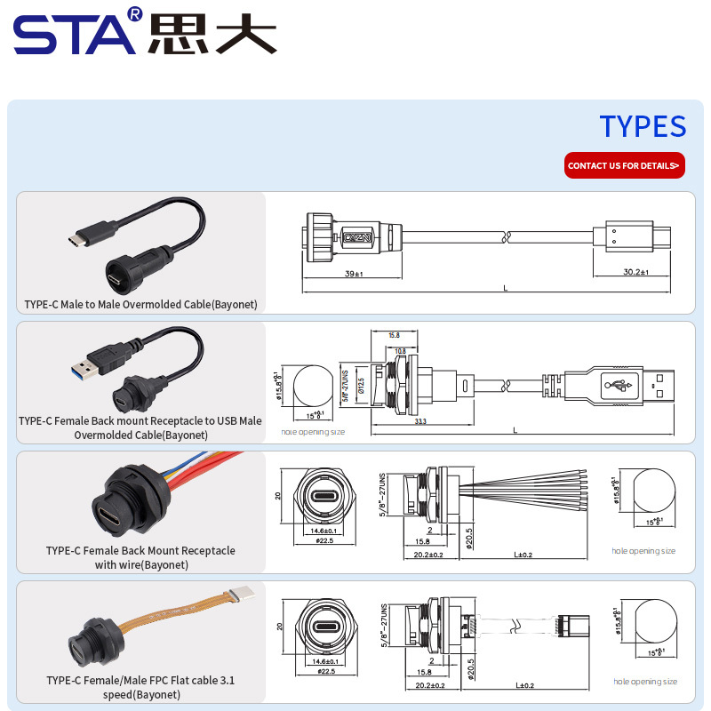 TYPE-C Waterproof Connector Cable Threaded IP67/IP68