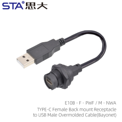 TYPE-C Female Back Mount Receptacle To USB 2.0 Male Overmolded Cable(Bayonet)