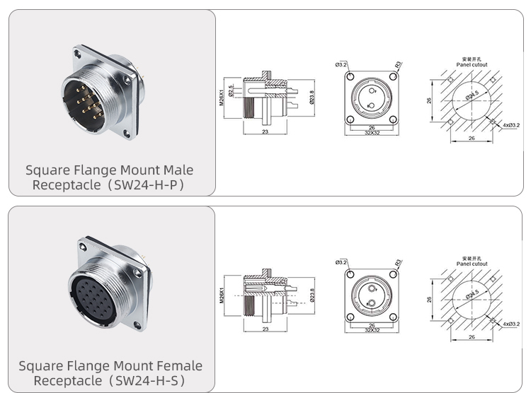 WS24 Aviation Plug Square Flange Socket Male Female Electrical Connector
