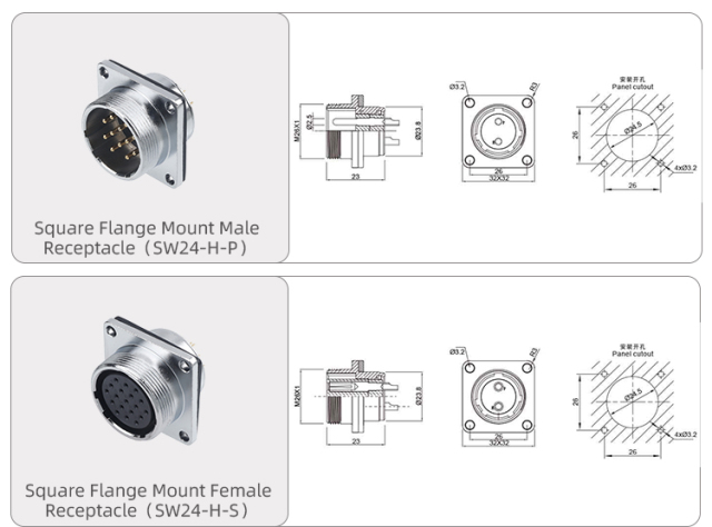 WS24 Aviation Plug Square Flange Socket Male Female Electrical Connector