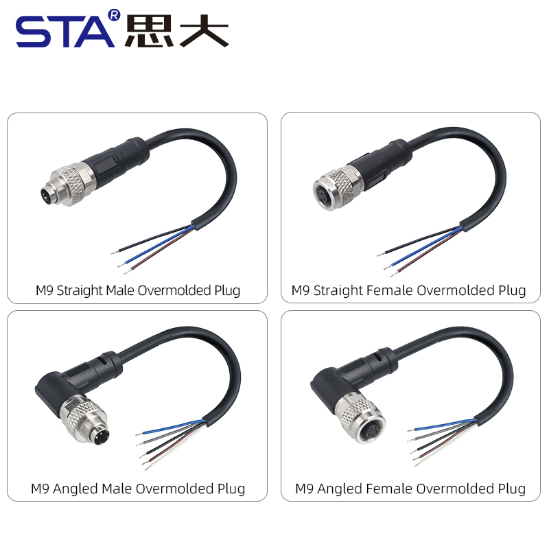 M9 IP67 Waterproof Straight / Angled Overmolded Plug Connector 2 3 4 5 6 7 8 Pins