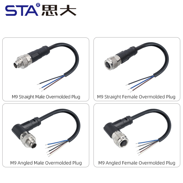 M9 IP67 Waterproof Straight / Angled Overmolded Plug Connector 2 3 4 5 6 7 8 Pins