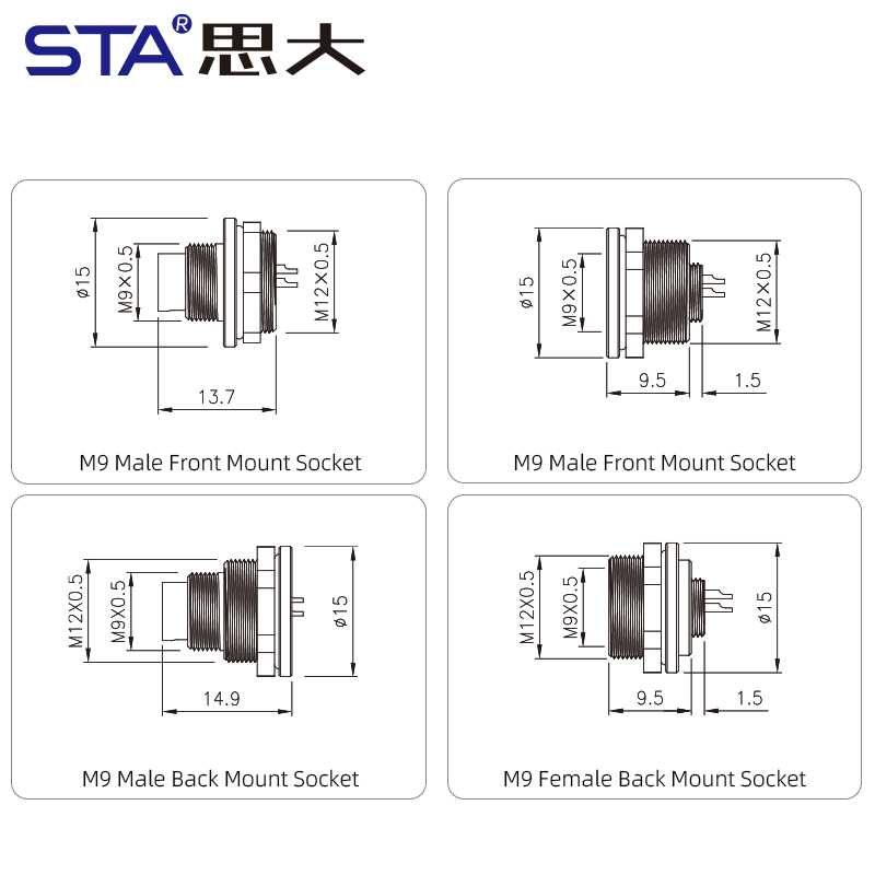 M9 Metal Solder Male/Female Front/Back Mount Socket Connector 2 3 4 5 6 7 8 Pins
