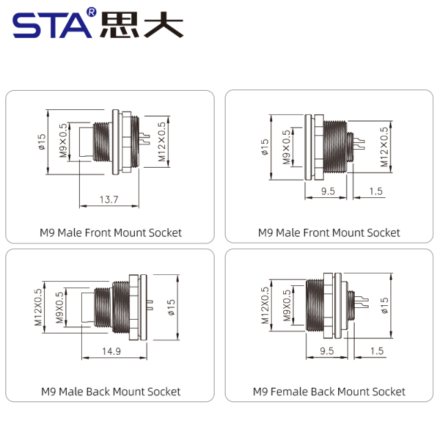M9 Metal Solder Male/Female Front/Back Mount Socket Connector 2 3 4 5 6 7 8 Pins
