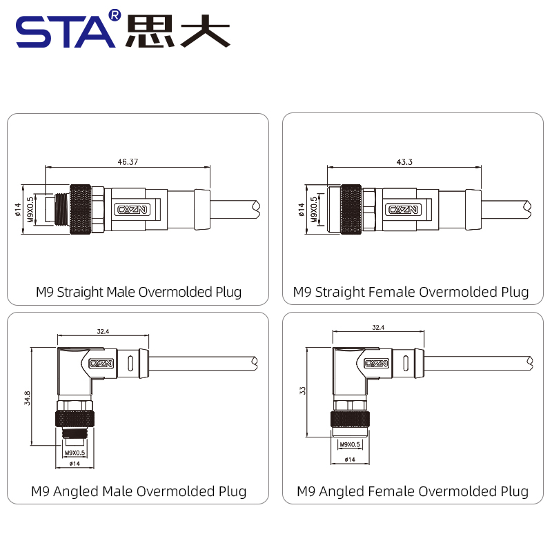 M9 IP67 Waterproof Straight / Angled Overmolded Plug Connector 2 3 4 5 6 7 8 Pins