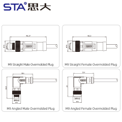 M9 IP67 Waterproof Straight / Angled Overmolded Plug Connector 2 3 4 5 6 7 8 Pins