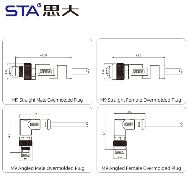 M9 IP67 Waterproof Straight / Angled Overmolded Plug Connector 2 3 4 5 6 7 8 Pins