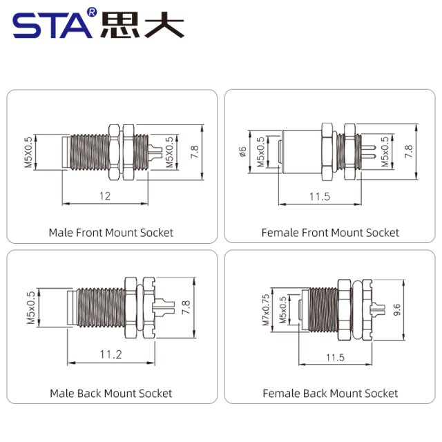 M5 3 4 Pins Solder Socket Waterproof Connector