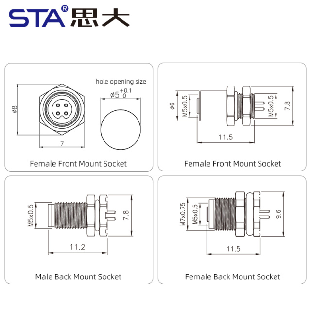 M5 3 4 Pins PCB Socket Waterproof Connector