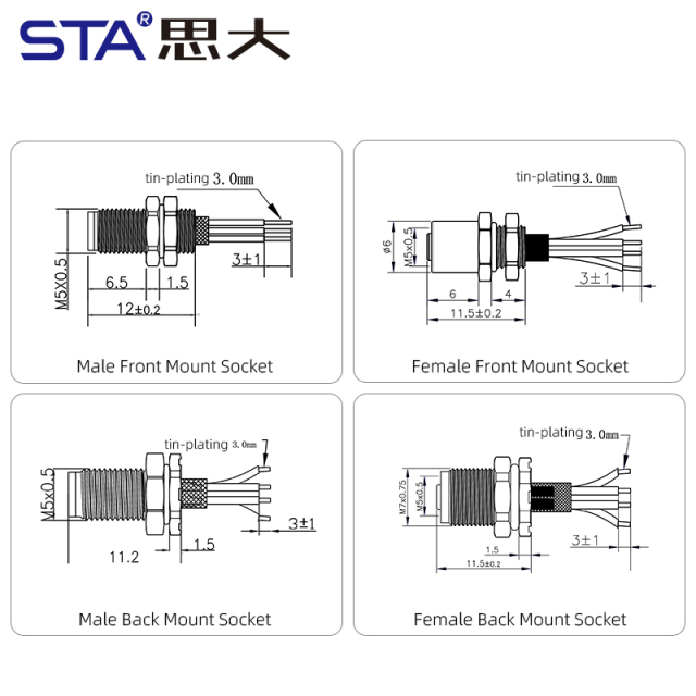 M5 IP67 Waterproof Connector: 3 4 Pin Panel Mount Socket with Wire