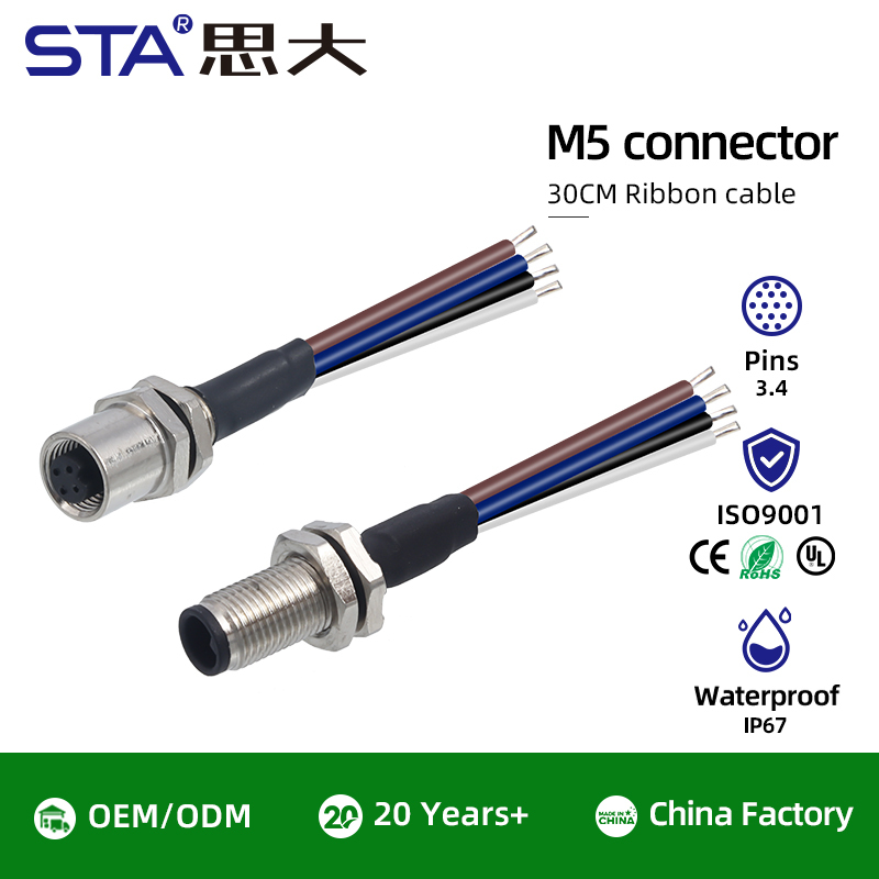 M5 IP67 Waterproof Connector: 3 4 Pin Panel Mount Socket with Wire