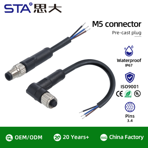 M5 Straight / Angled Overmolded Plug 3 4 pins Waterproof Connector
