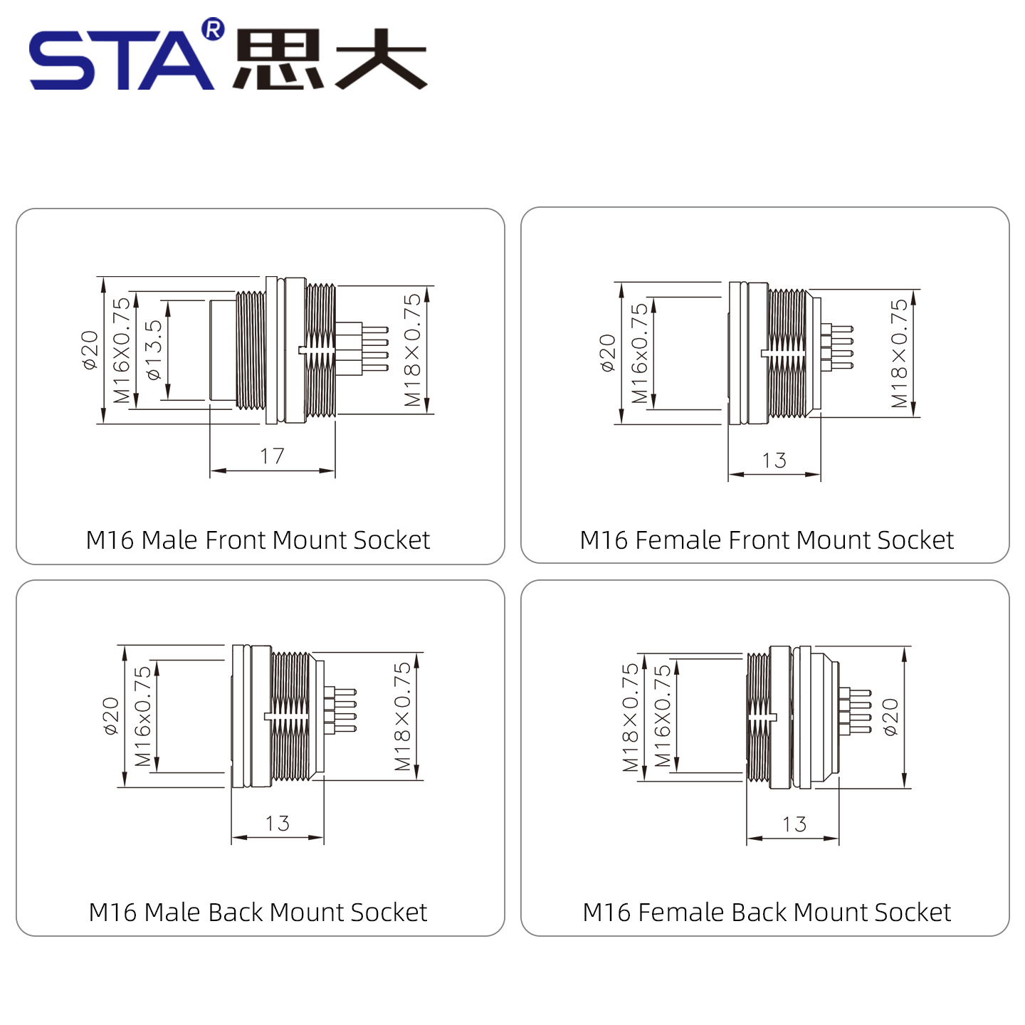 M16 IP67 Waterproof PCB Front/Back Mount Socket Connector