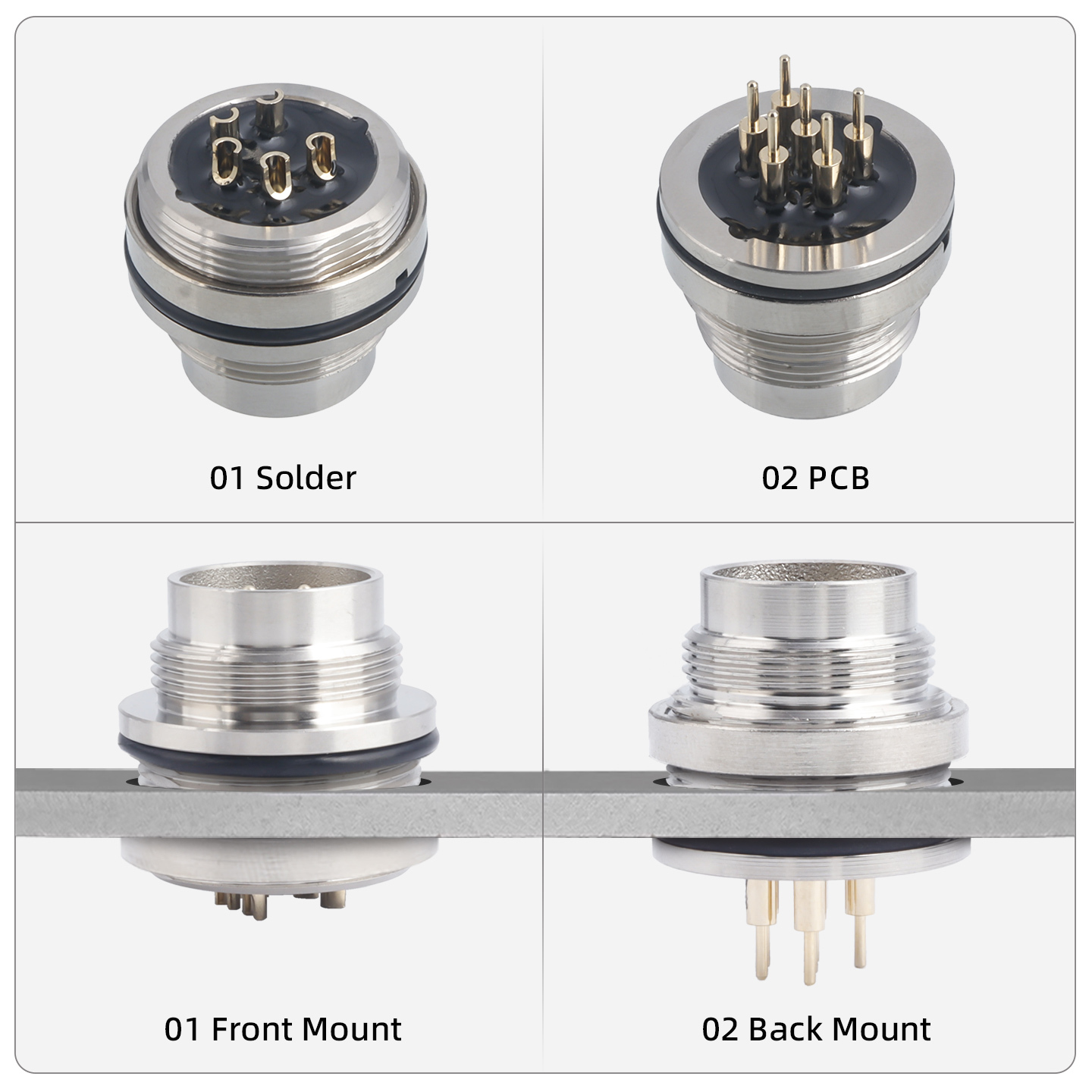 M16 IP67 Waterproof PCB Front/Back Mount Socket Connector