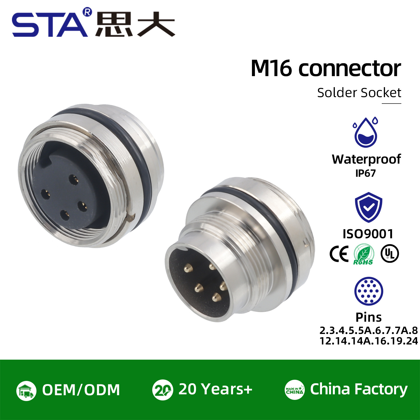 M16 Solder Socket Connector | IP67 Waterproof Panel Mount