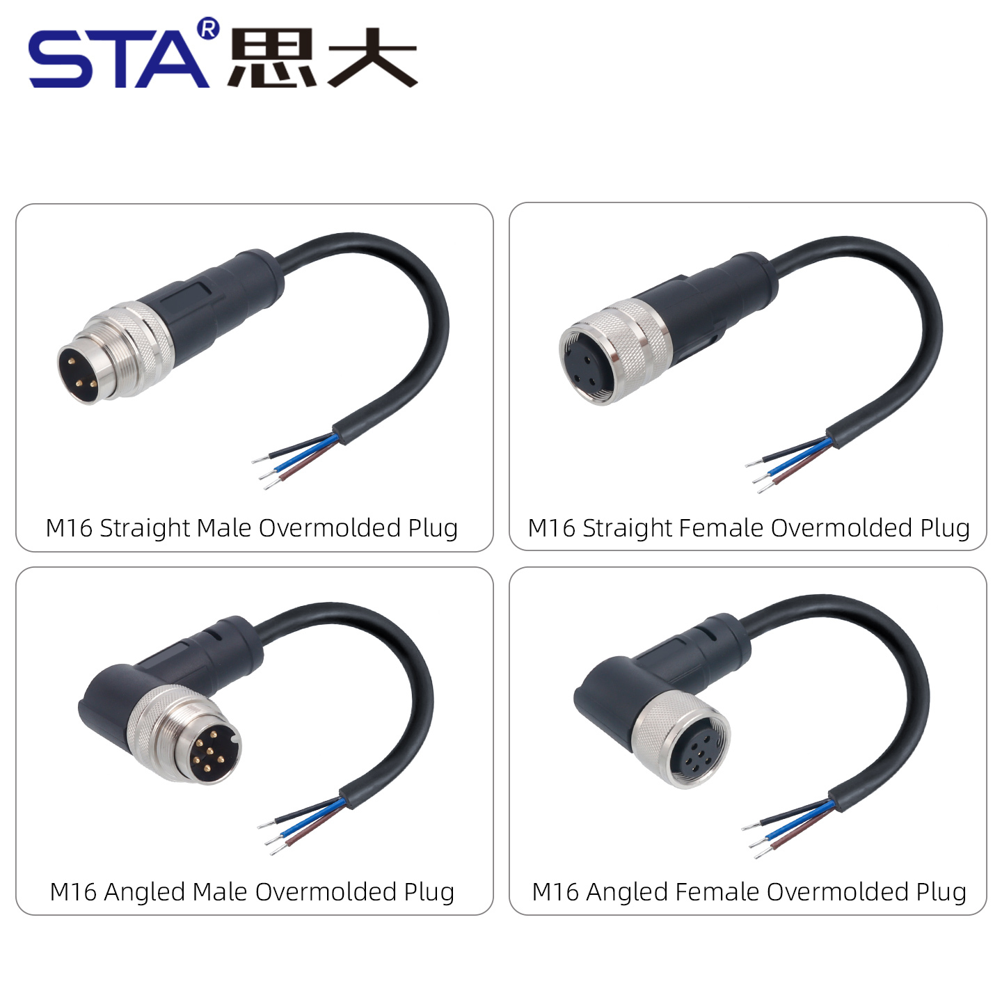 IP67 Waterproof M16 Unshielded Overmolded Plug Connector