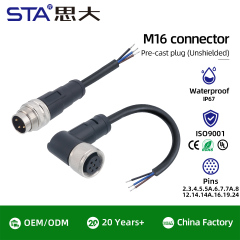 IP67 Waterproof M16 Unshielded Overmolded Plug Connector