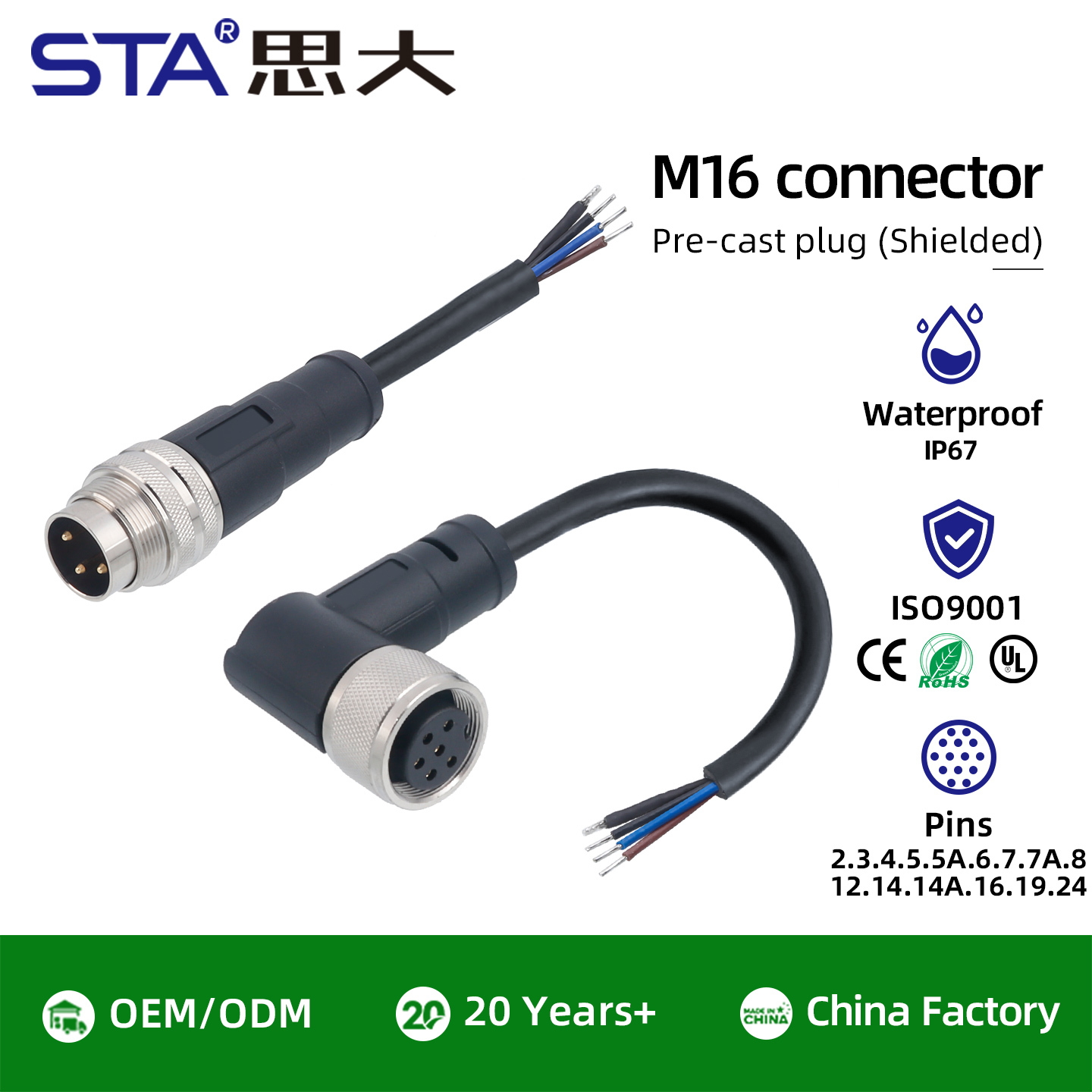 M16 Shielded Overmolded Connector | IP67 Straight & Angled