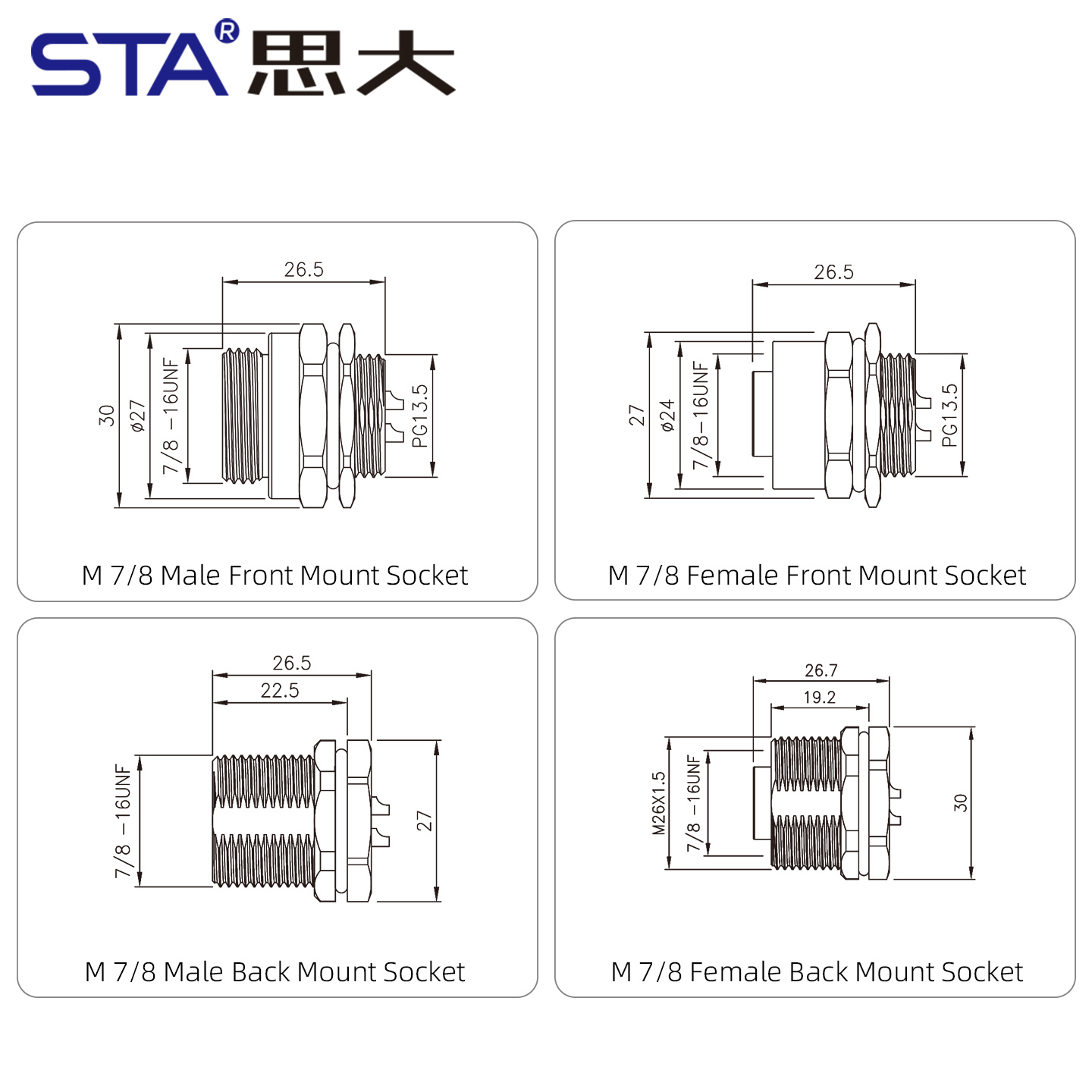 7/8" Connector: Front & Rear Mount Panel Socket with 30cm Cable