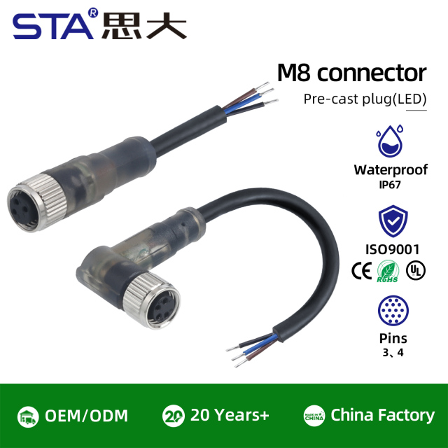 Waterproof M8 LED Straight Male/Female Overmolded Plug Connector 3 4 pins