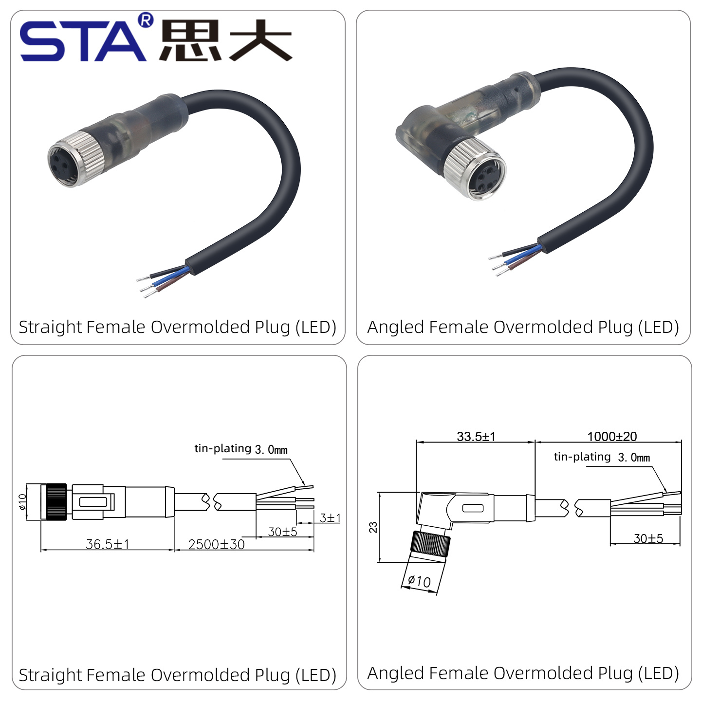 Waterproof M8 LED Straight Male/Female Overmolded Plug Connector 3 4 pins