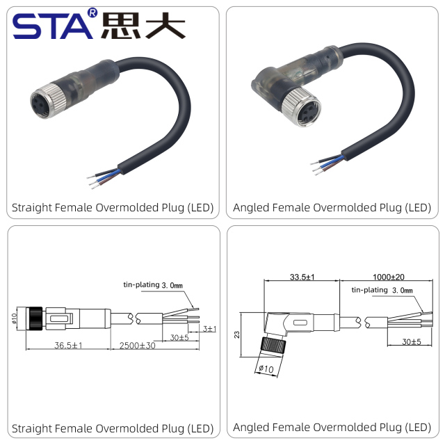 Waterproof M8 LED Straight Male/Female Overmolded Plug Connector 3 4 pins