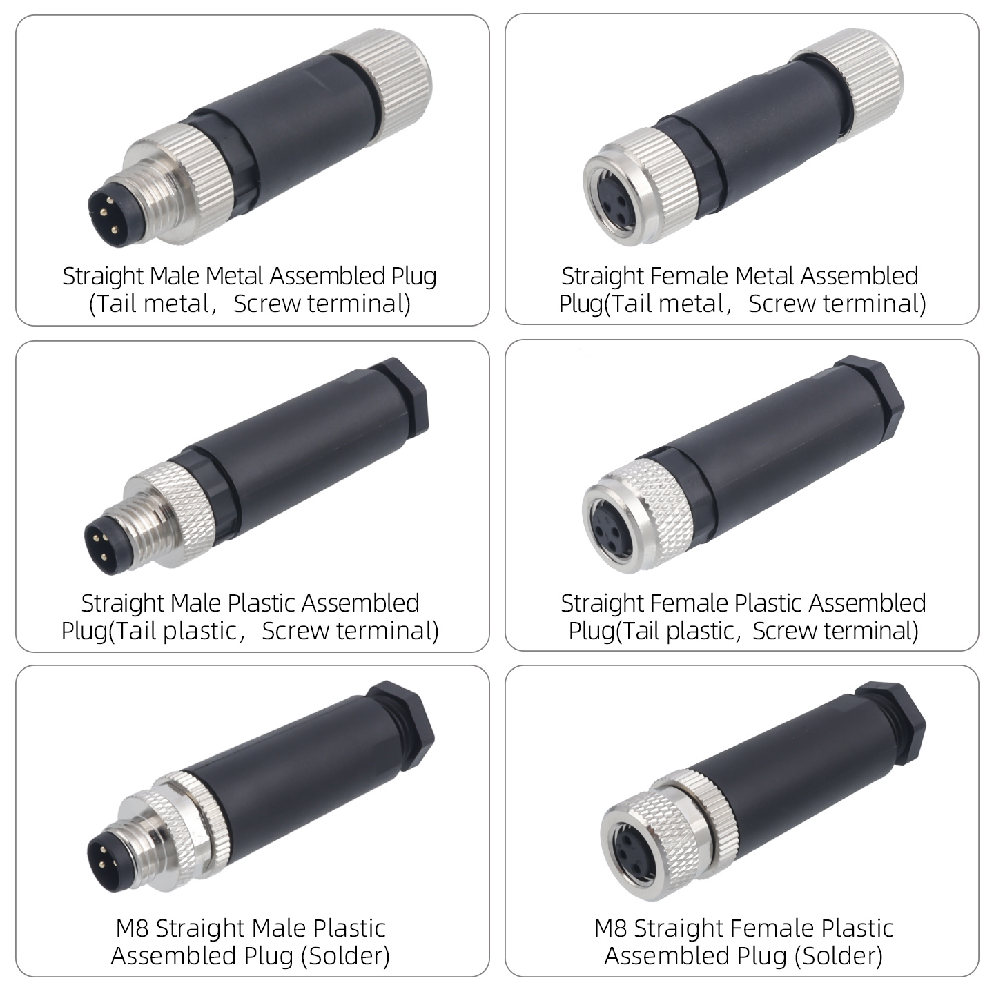 M8 Solder Straight / Angled Male / Female Plastic Assembled Plug Connector 3/4/5/6/8 Pins