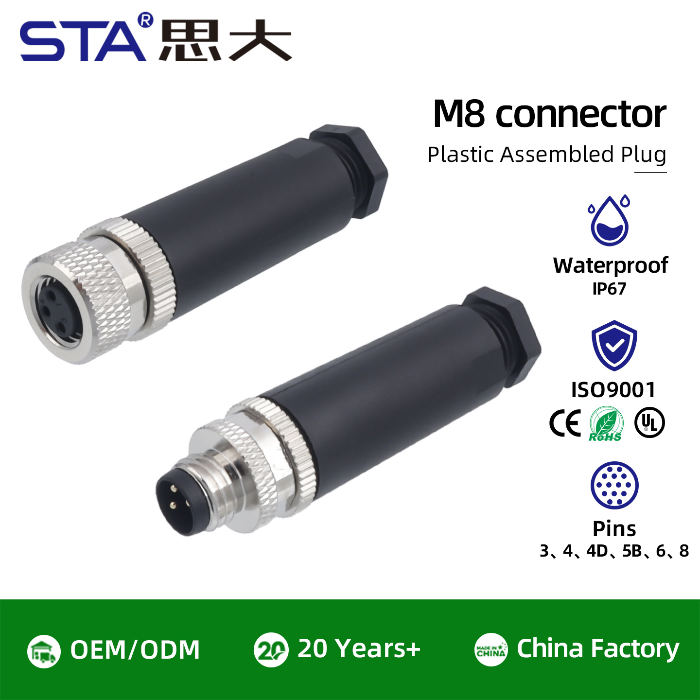 M8 Solder Straight / Angled Male / Female Plastic Assembled Plug Connector 3/4/5/6/8 Pins