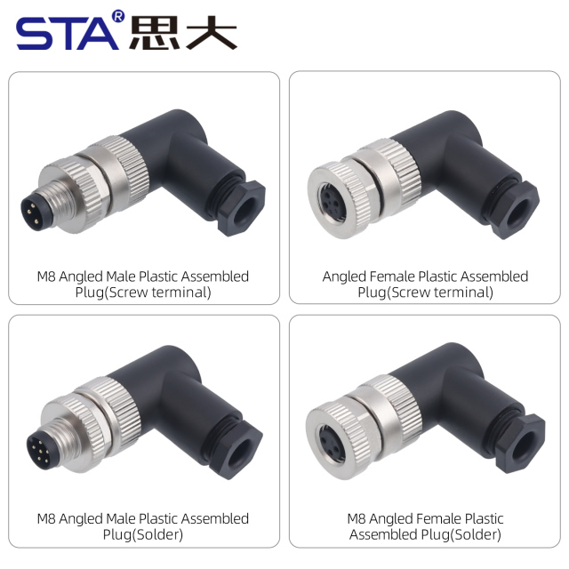 M8 Solder Straight / Angled Male / Female Plastic Assembled Plug Connector 3/4/5/6/8 Pins