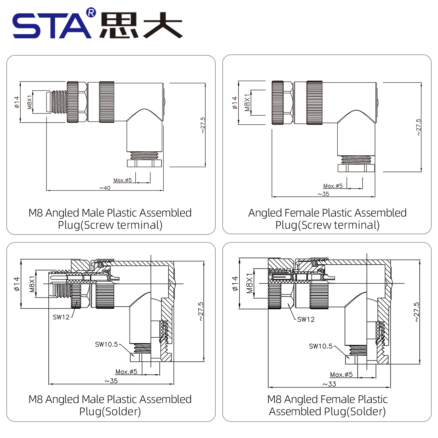 M8 Solder Straight / Angled Male / Female Plastic Assembled Plug Connector 3/4/5/6/8 Pins