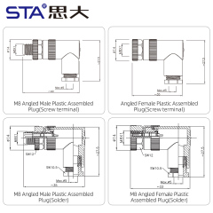 M8 Solder Straight / Angled Male / Female Plastic Assembled Plug Connector 3/4/5/6/8 Pins