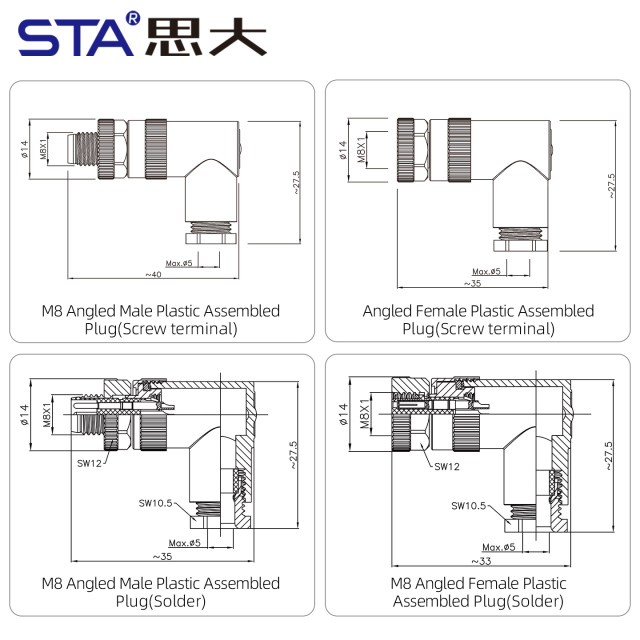 M8 Solder Straight / Angled Male / Female Plastic Assembled Plug Connector 3/4/5/6/8 Pins