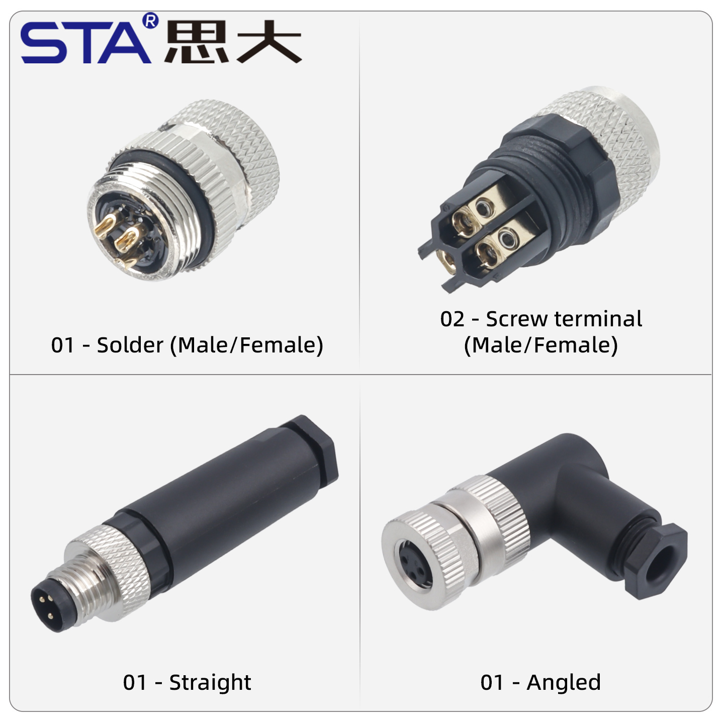 M8 Solder Straight / Angled Male / Female Plastic Assembled Plug Connector 3/4/5/6/8 Pins
