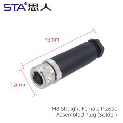 M8 Straight Female Plastic Assembled Plug (Solder)