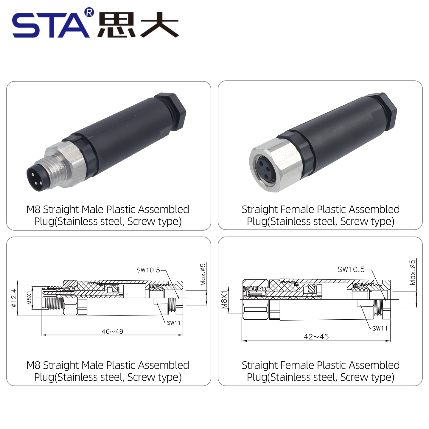M8 316L Stainless Steel Connector: 3 4 Pin Assembled Aviation Plug