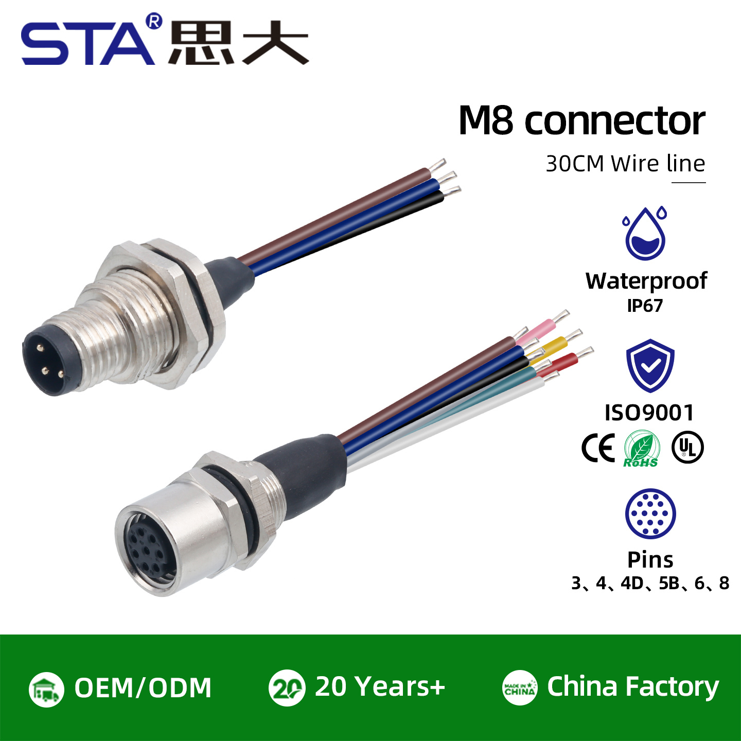 IP67 Waterproof M8 Built-in Pouring Front/Back Mount Glue Plug Connector with 30cm Electronic Wire