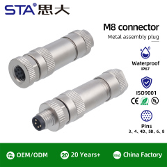 M8 Solder Straight Male / Female Metal Assembled Plug Connector 3 4 5 6 8 Pins