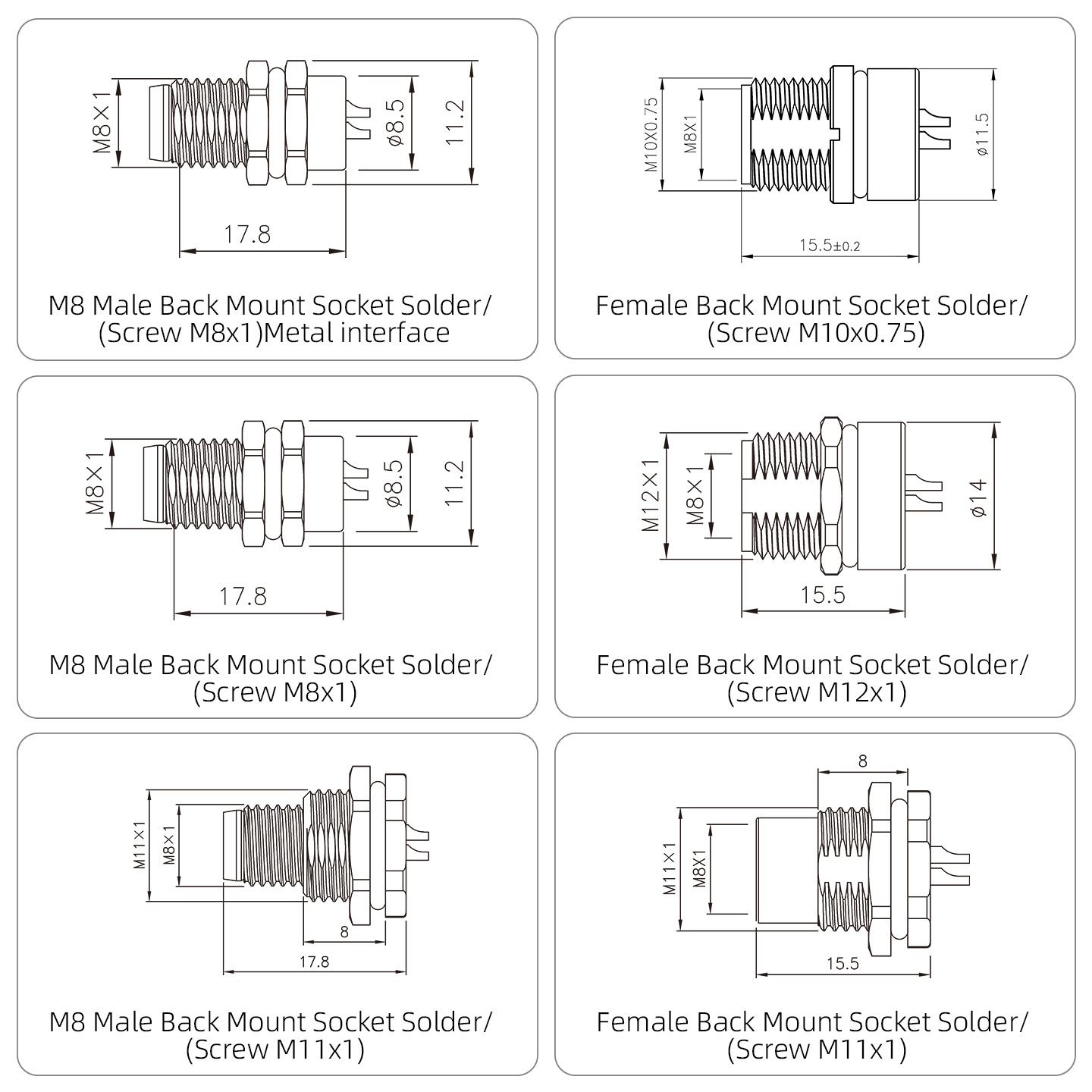 IP67 Waterproof M8 Built-in Pouring Front/Back Mount Glue Plug Connector with 30cm Electronic Wire