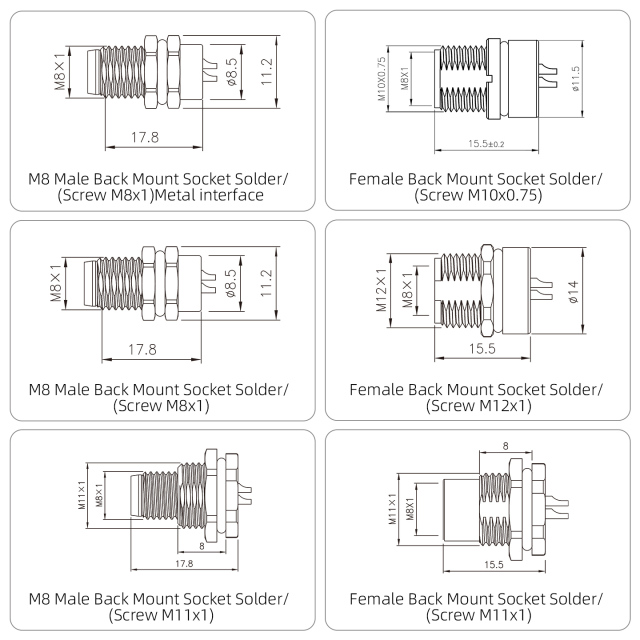 IP67 Waterproof M8 Built-in Pouring Front/Back Mount Glue Plug Connector with 30cm Electronic Wire