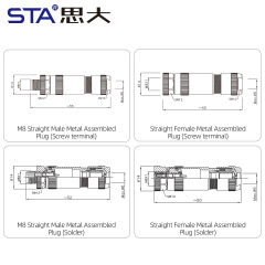 M8 Connector Straight Male / Female Metal Assembled Plug Screw Terminal Type 3 4 Pins
