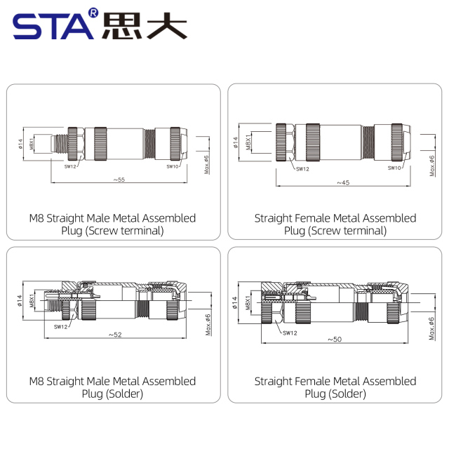 M8 Connector Straight Male / Female Metal Assembled Plug Screw Terminal Type 3 4 Pins