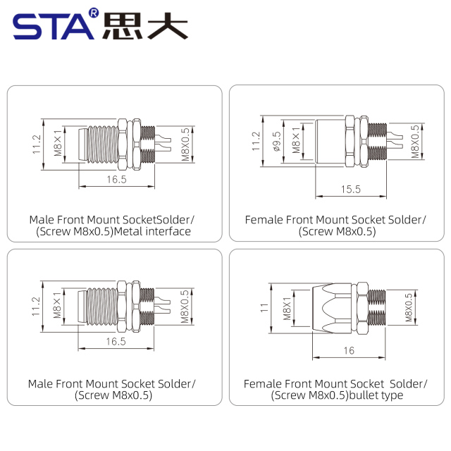 IP67 Waterproof M8 Built-in Pouring Front/Back Mount Glue Plug Connector with 30cm Electronic Wire