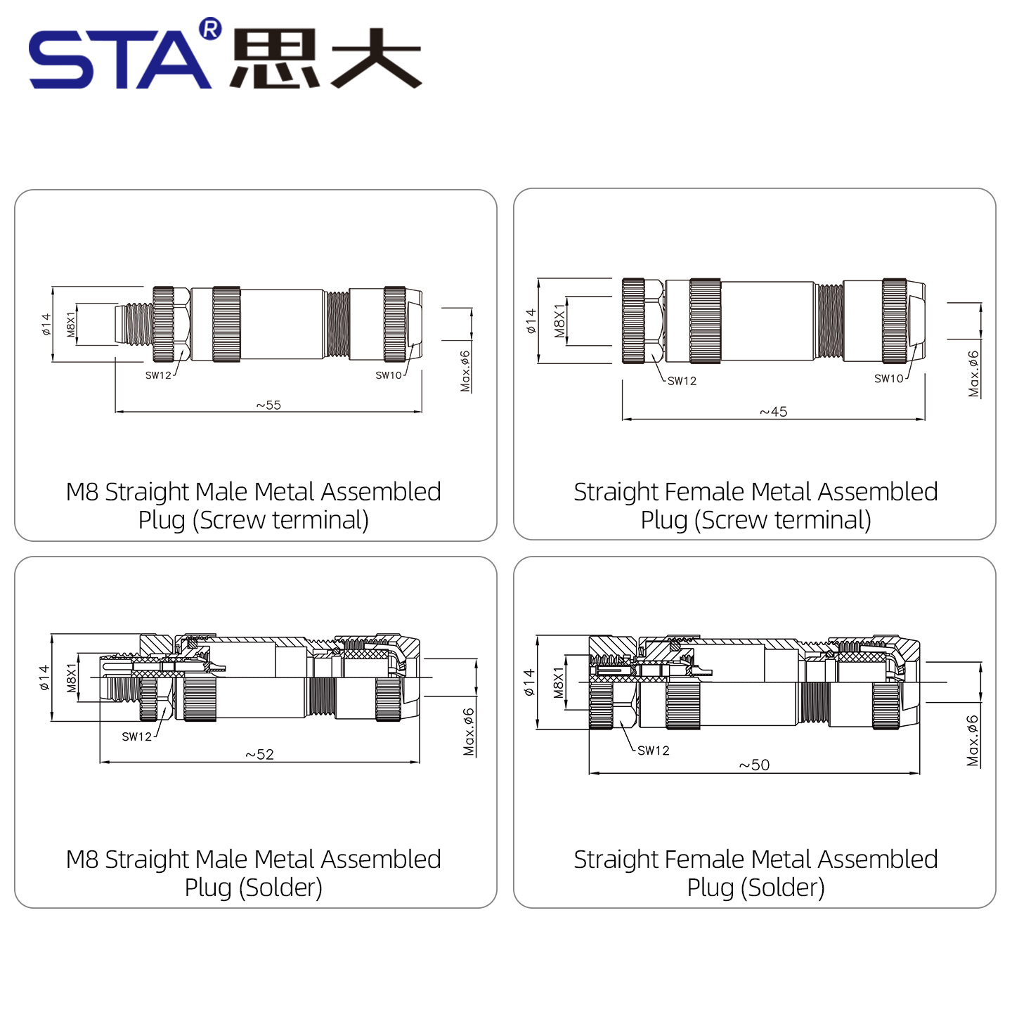 M8 Solder Straight Male / Female Metal Assembled Plug Connector 3 4 5 6 8 Pins