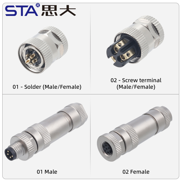 M8 Connector Straight Male / Female Metal Assembled Plug Screw Terminal Type 3 4 Pins
