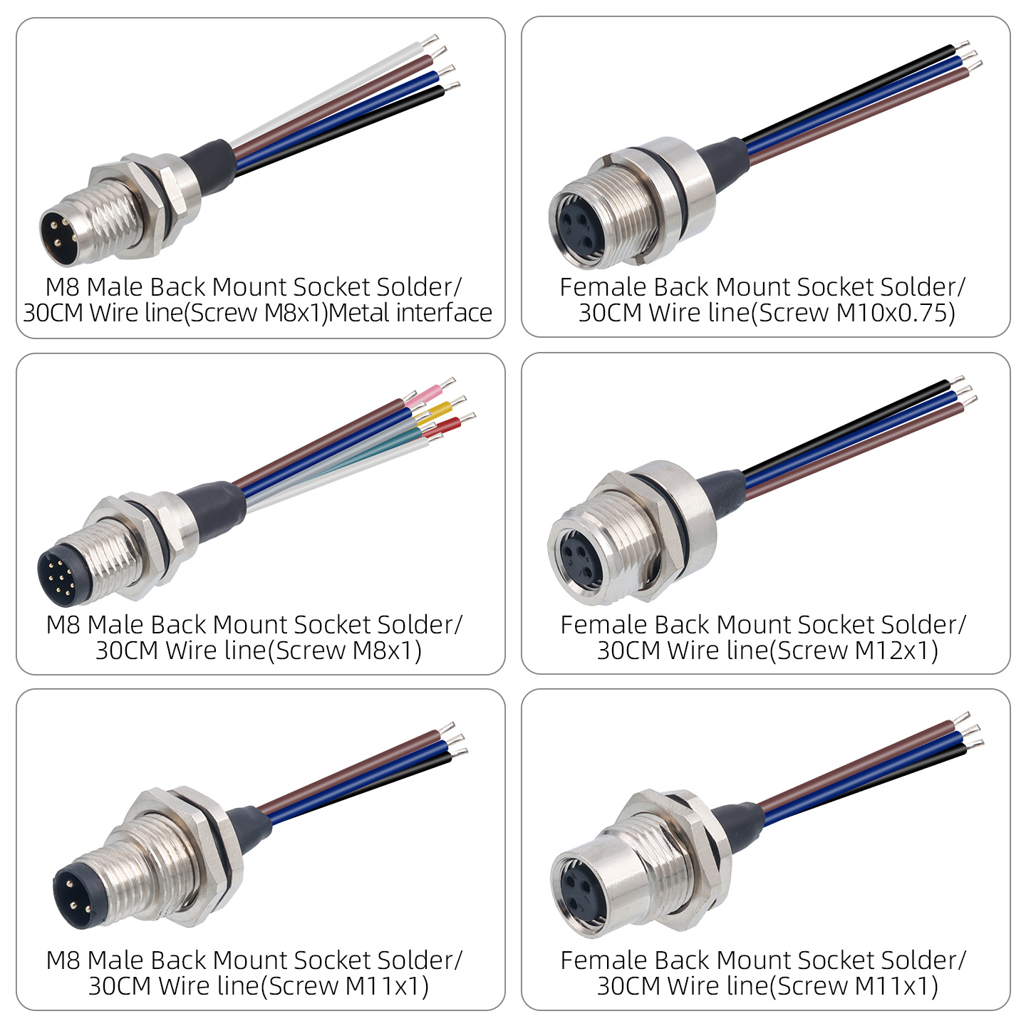 IP67 Waterproof M8 Built-in Pouring Front/Back Mount Glue Plug Connector with 30cm Electronic Wire