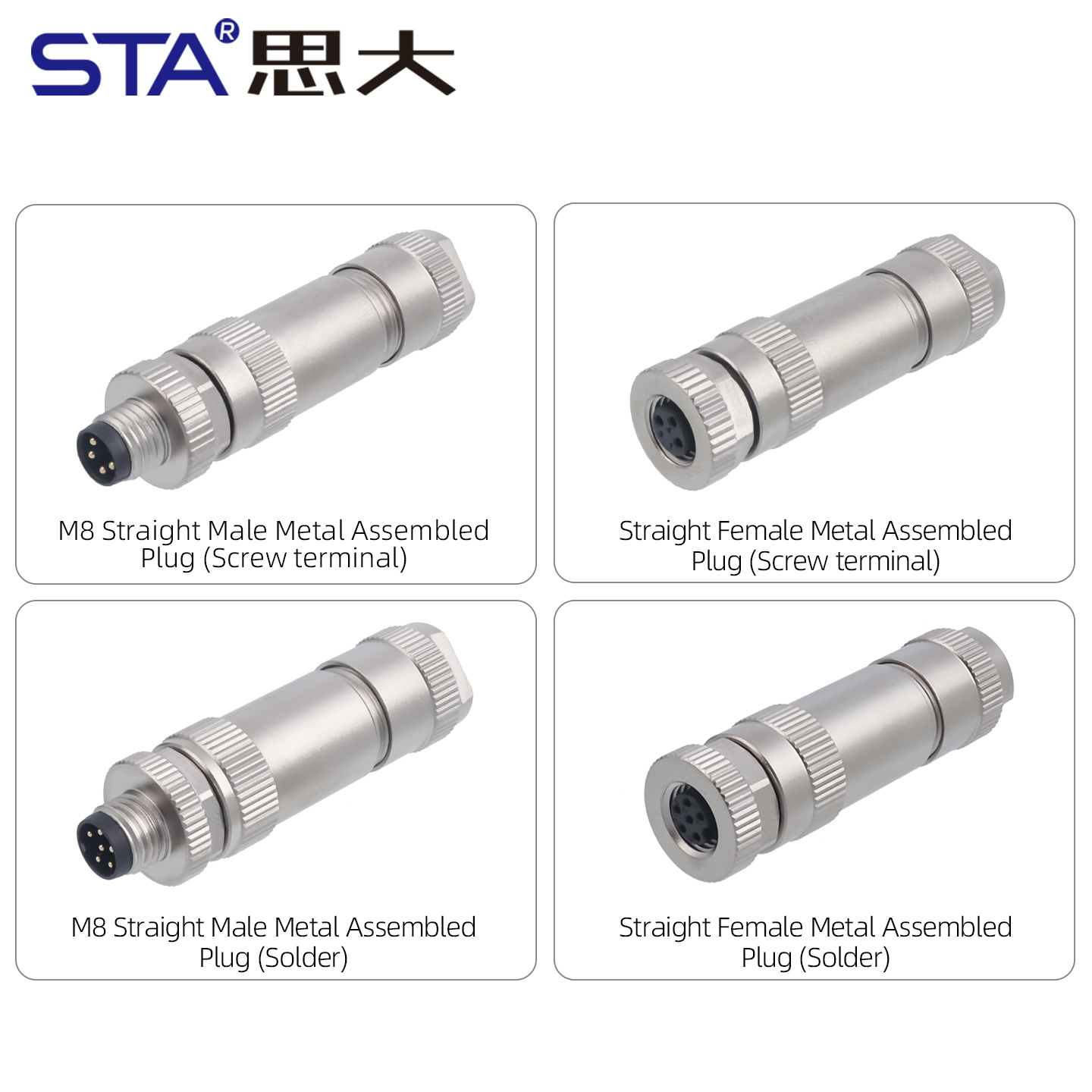 M8 Connector Straight Male / Female Metal Assembled Plug Screw Terminal Type 3 4 Pins